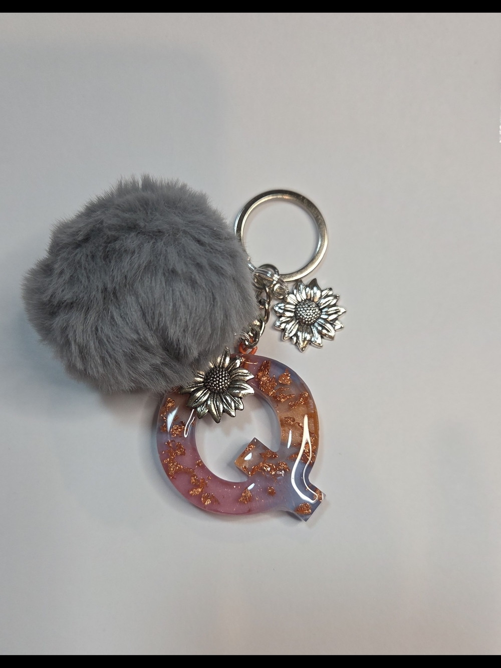Gray Pom Pom Keychain with Pink Resin 'Q' Charm and Sunflower Accents
